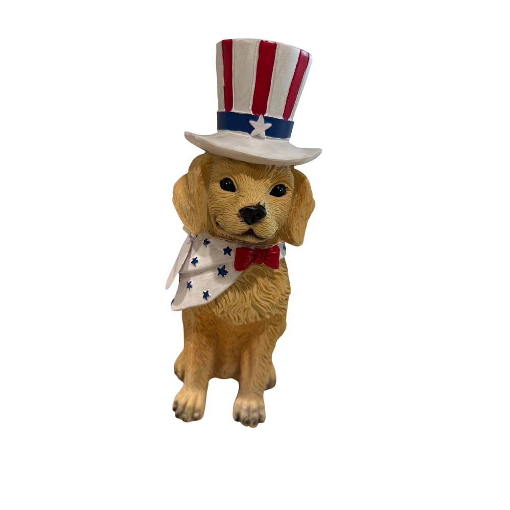 Patriotic Golden Retriever Puppy Figurine Uncle Sam Hat 4th of July Decor 9 inch